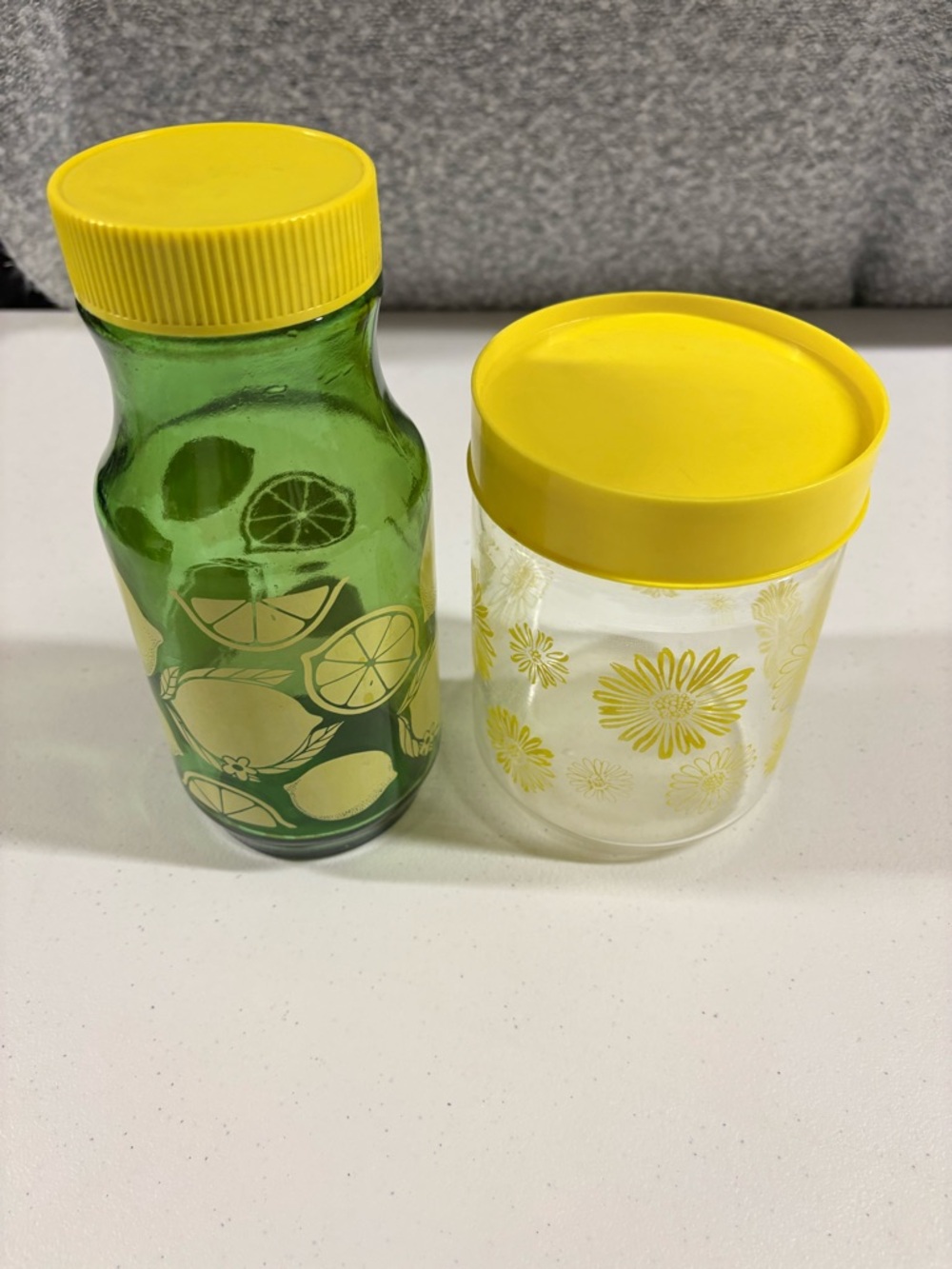 Vintage Yellow-Lid Glass Canister Set with Lemon & Daisy Prints